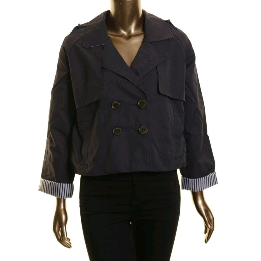 MAISON JULES Women's Double-breasted Cropped Trench Jacket Top Color: Blue Notte